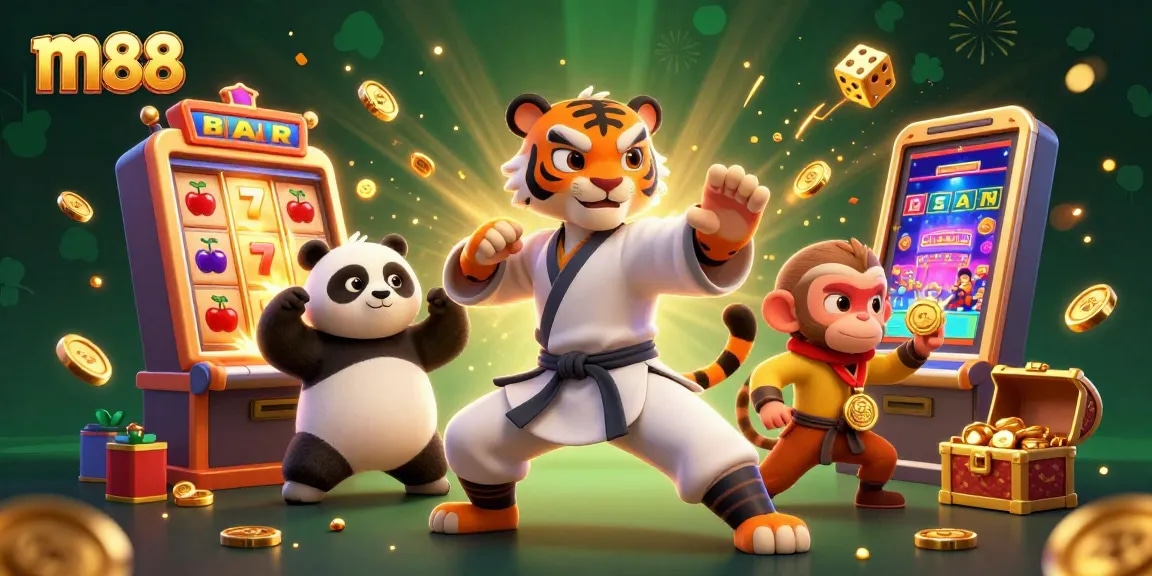 Experience the thrill of m88 casino with dynamic characters celebrating big wins and exciting gaming elements.