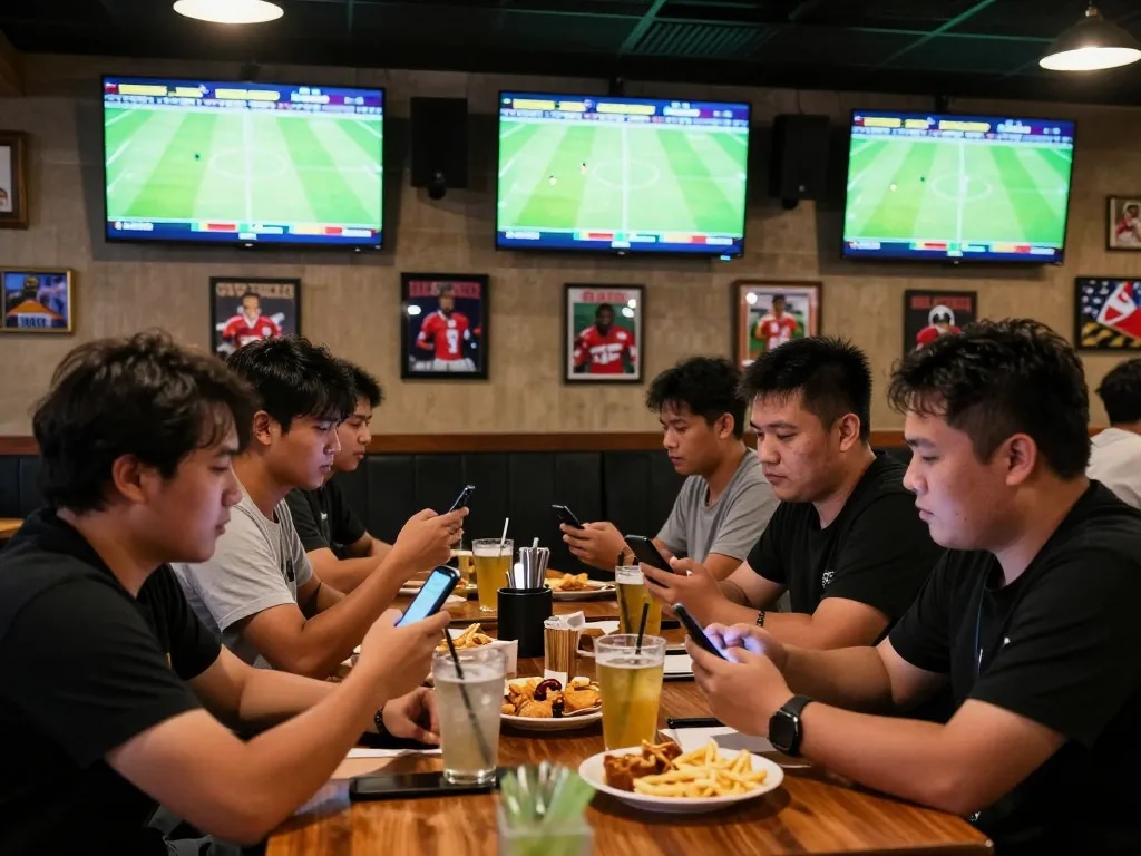 Watching live matches and placing kèo nhà cái bets at a lively sports bar.