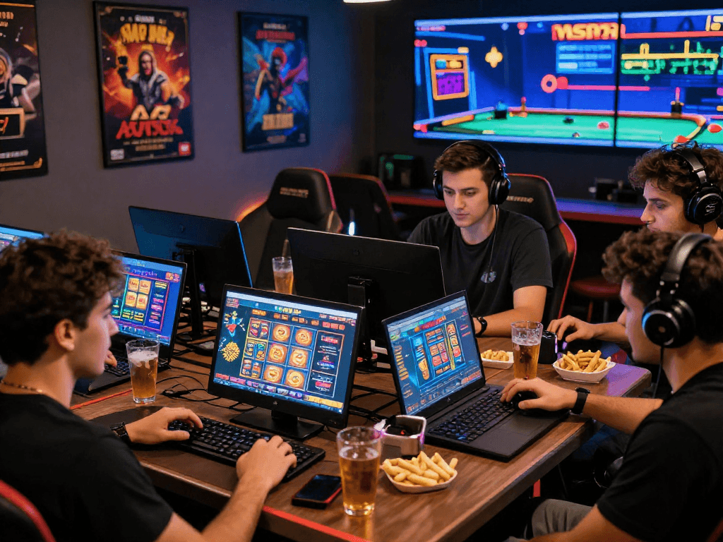 Scena di amici che si divertono con la lista casino non AAMS, giocando a vari giochi di casinò online insieme.