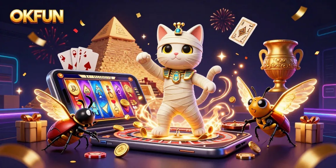 Spin and win at OKFUN with a vibrant Egyptian-themed casino adventure featuring a mummy cat and golden coins.