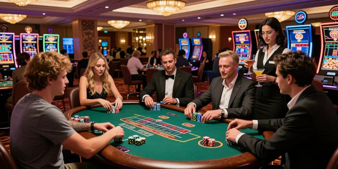 Giocatori entusiasti al tavolo di blackjack nella lista casino non aams, atmosfera vivace e accogliente.