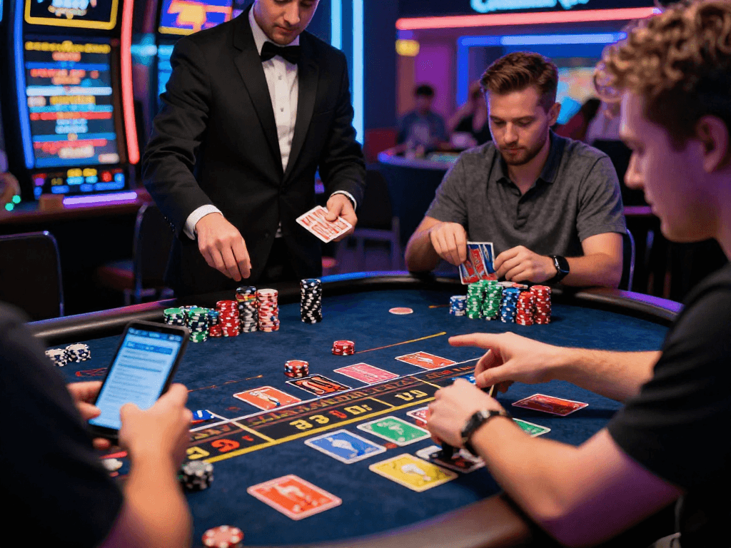 Giocatori coinvolti nel gioco d'azzardo online mostrando la lista casino non AAMS tra chip colorate e luci al neon.