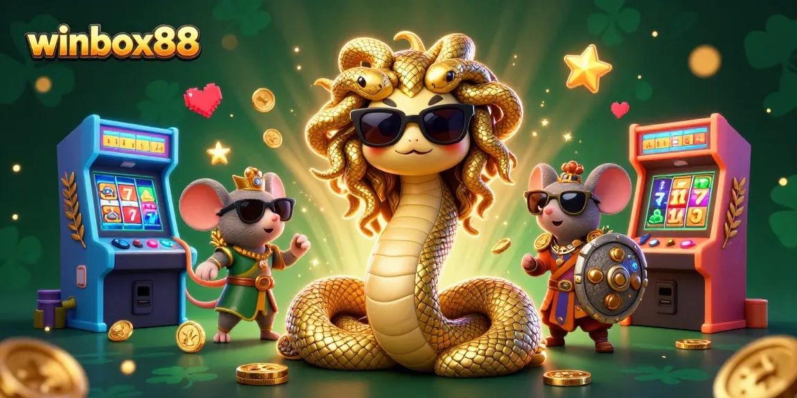 Winbox88 players enjoying vibrant 3D online casino fun with lucky symbols and game elements.