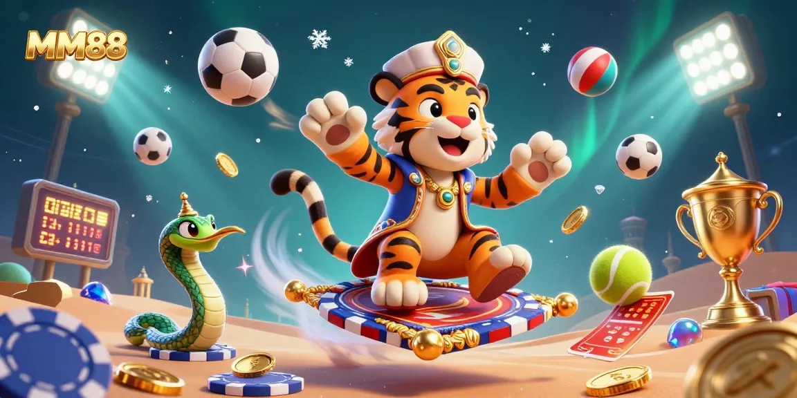 Experience the excitement of MM88 with a vibrant Arabian Nights-themed casino scene, featuring dynamic sports elements.