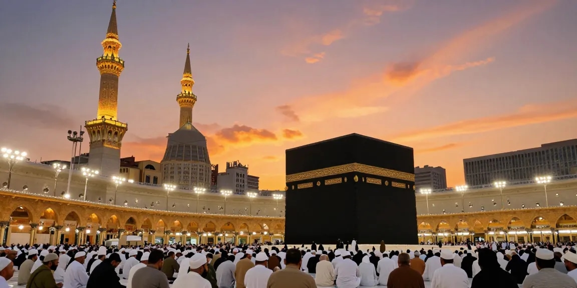 The spiritual experience of umroh ramadhan at the breathtaking Masjid al-Haram, with pilgrims gathered under a stunning sunset.