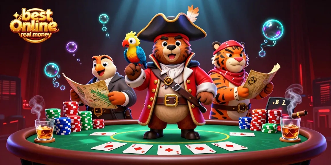 Experience thrilling action with best online casinos real money in an energetic poker scene featuring a pirate bear.