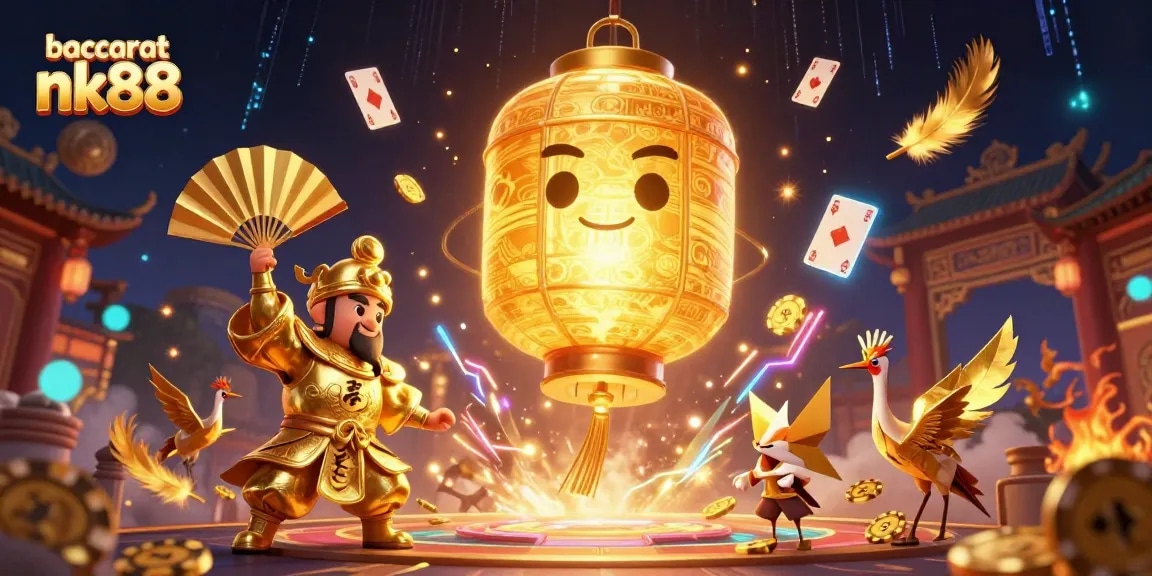 Baccarat nk88's exciting gameplay is illustrated with vibrant characters and casino elements in an energetic scene.