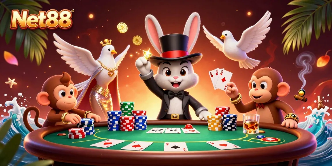 Net88 showcases a magician rabbit pulling golden coins with vibrant poker elements in a dynamic casino scene