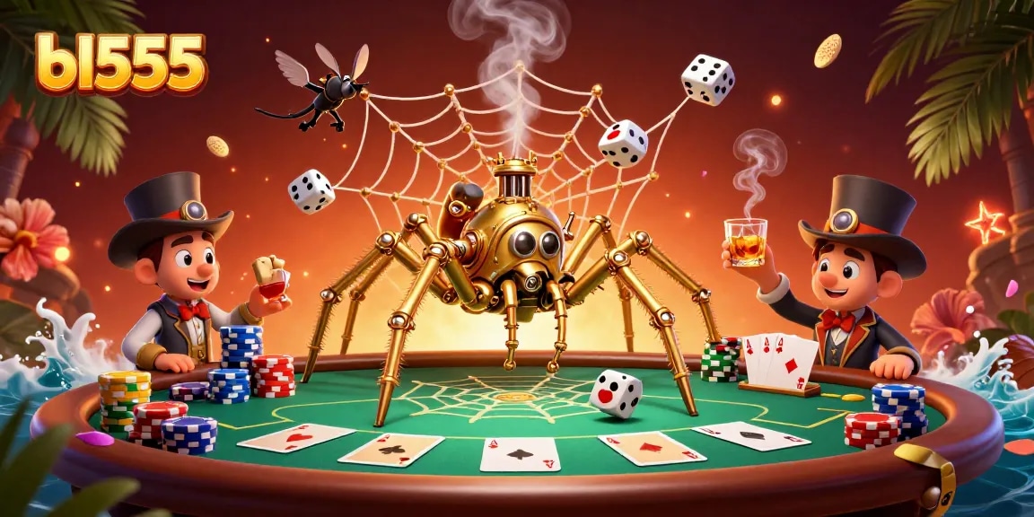 Experience thrilling gameplay at bl555 with a whimsical steampunk spider and poker elements.