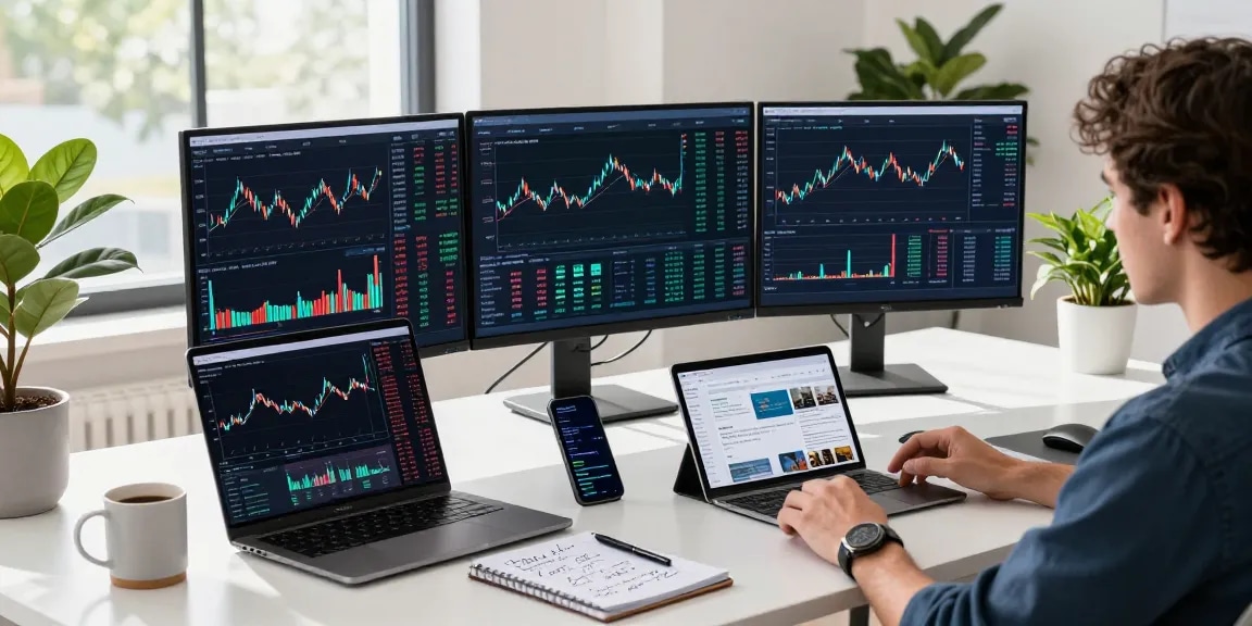 Analyzing Nasdaq stock data feed in a modern finance workspace with multiple screens and charts.