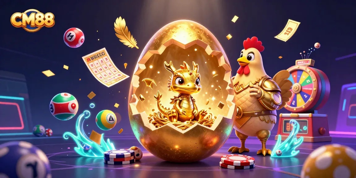 Play exciting games at CM88 with a golden dragon in a vibrant lottery scene!