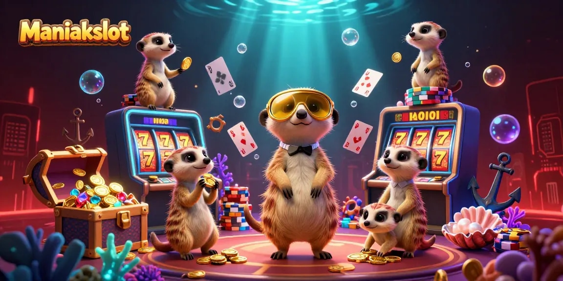 Spin the reels with Maniakslot as meerkats manage a vibrant casino scene bursting with excitement.