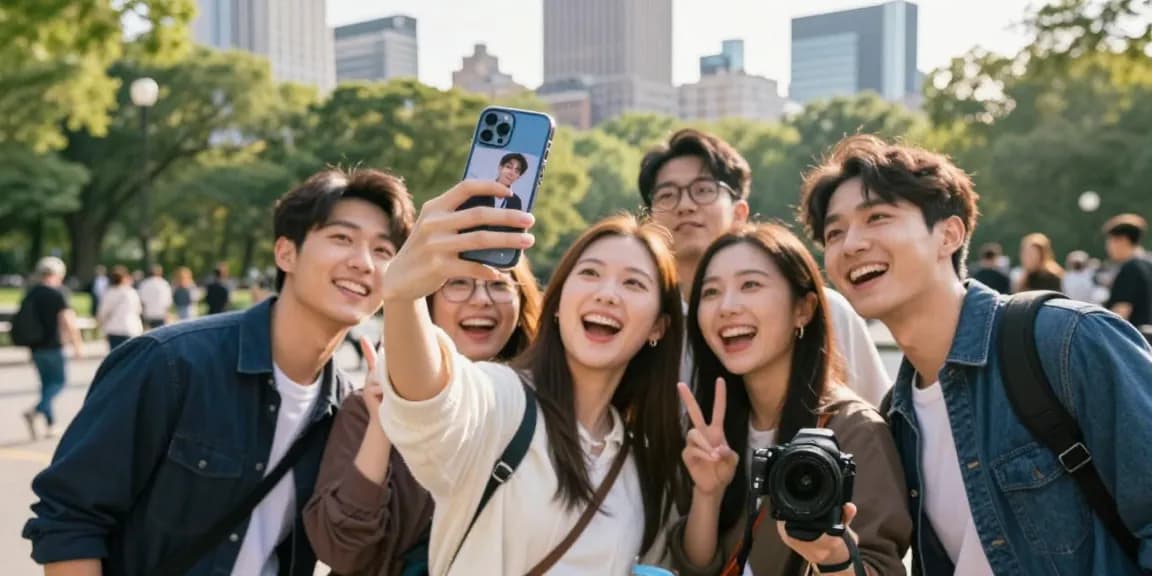 Group of friends enjoying a fun moment discovering their celebrity look alike through an AI app in a sunny park.