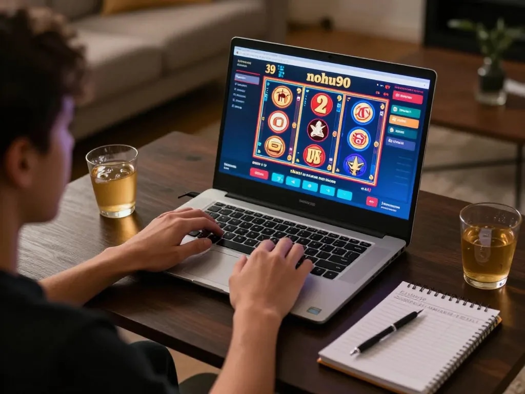 Nohu90 user engaging in online gaming session on laptop with vibrant game interface