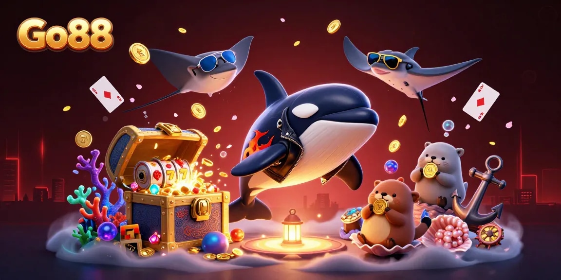 Experience excitement with Go88 as 3D characters celebrate winning underwater treasures and bonuses.