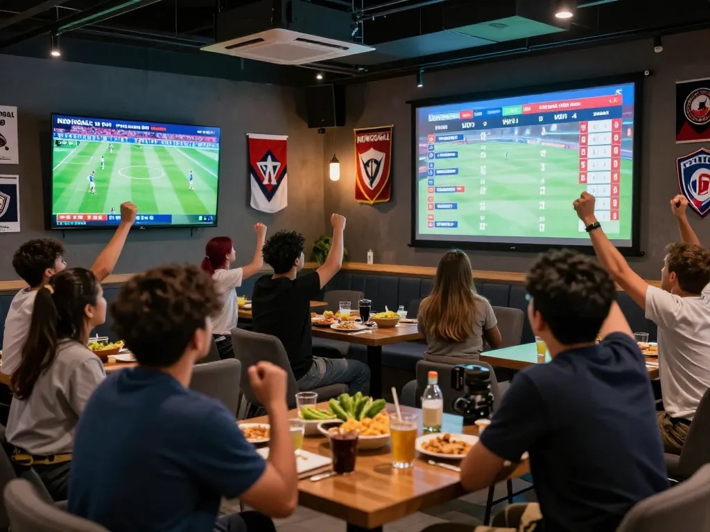 Exciting scene of fans enjoying live football scores on NOWGOAL in a vibrant sports lounge.