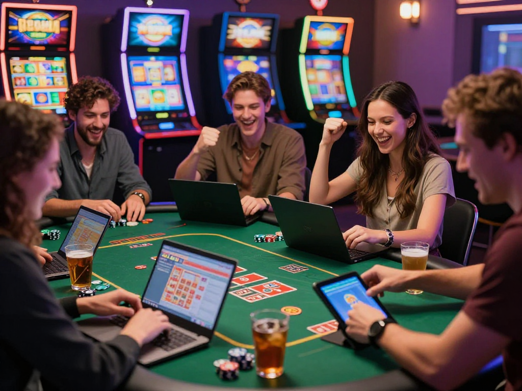 Giocatori felici che esplorano la lista casino non aams nel loro ambiente online, godendo di una serata di gioco insieme.