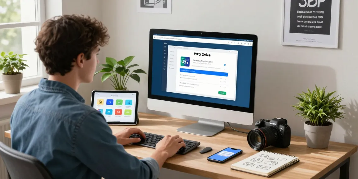 Download WPS Office on a modern desk with tech gadgets and soft natural light.