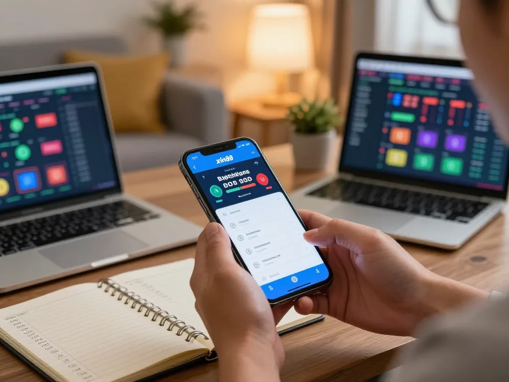Xin88 player accessing online betting app on smartphone with betting strategies notes nearby.