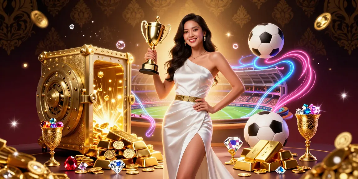 Engage with MM88's stunning casino scene featuring a triumphant woman amidst gold and sports betting icons.