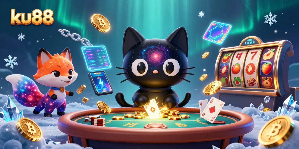 Experience thrilling gaming at ku88, with a cosmic casino table featuring vibrant animals and crypto elements.