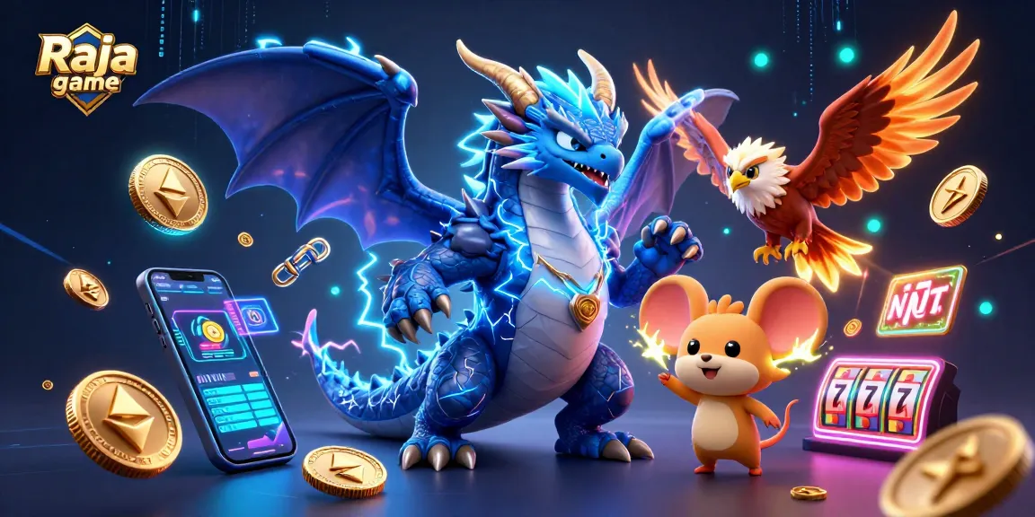 Raja game features exciting slots, with a dragon, hawk, and mouse amidst glowing coins and jackpotted reels.