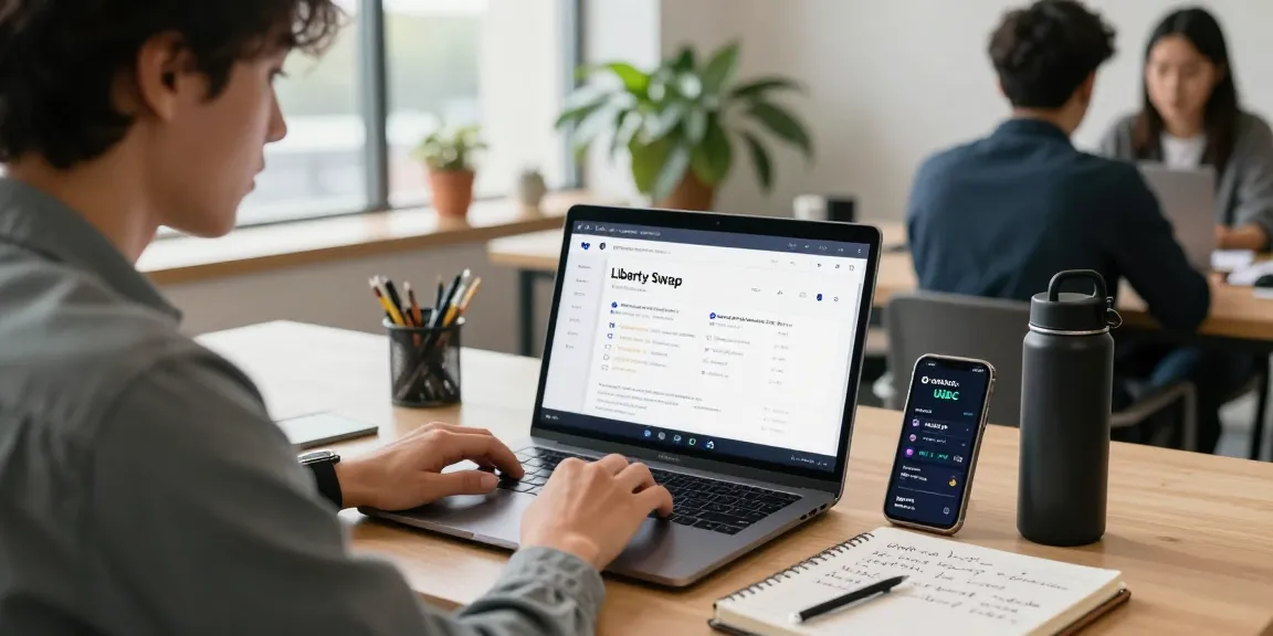 Engaging with the LibertySwap platform in a modern workspace, capturing the essence of cross-chain trading.