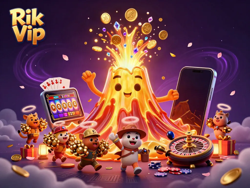 Experience the thrilling world of Rik Vip with a vibrant 3D illustration featuring a volcano, coins, and playful explorer animals.