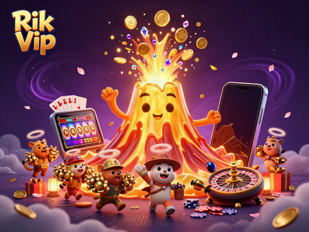 Experience the thrilling world of Rik Vip with a vibrant 3D illustration featuring a volcano, coins, and playful explorer animals.