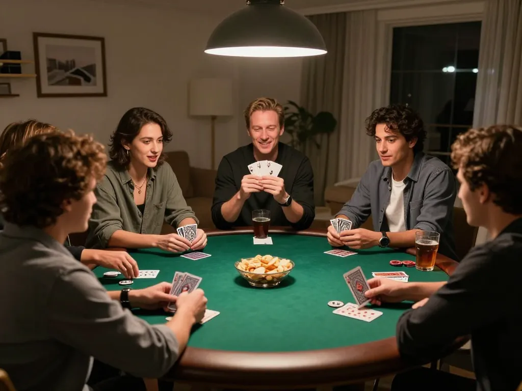 Friends enjoy a poker night at home, showcasing GK88 strategies with cards and chips on a round table.