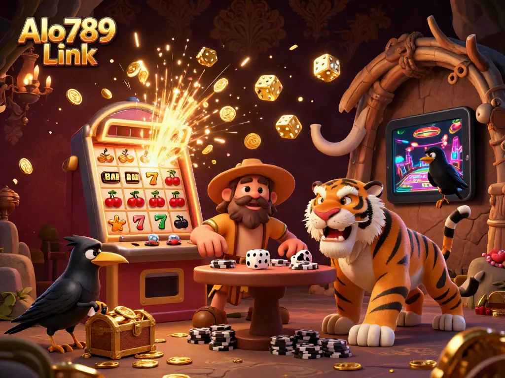 Join the action at Alo789 Link in this lively prehistoric casino illustration featuring playful characters and vibrant games.
