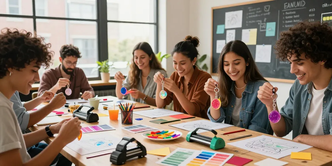 Friends creating custom keychains in a bright workshop filled with materials and design tools.