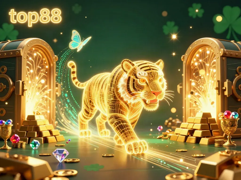 Engage with top88 in this vibrant casino scene featuring a golden tiger amidst treasures and digital elements.