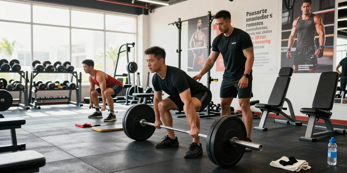 Energetische Atmosphäre im Anabolika Shop Deutschland Fitnessstudio mit einem Bodybuilder, der Gewichte hebt, und einem Personal Trainer, der anleitet.