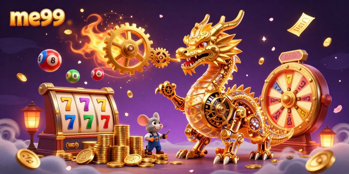 Experience thrilling gaming at me99 with a vibrant 3D dragon surrounded by casino elements.