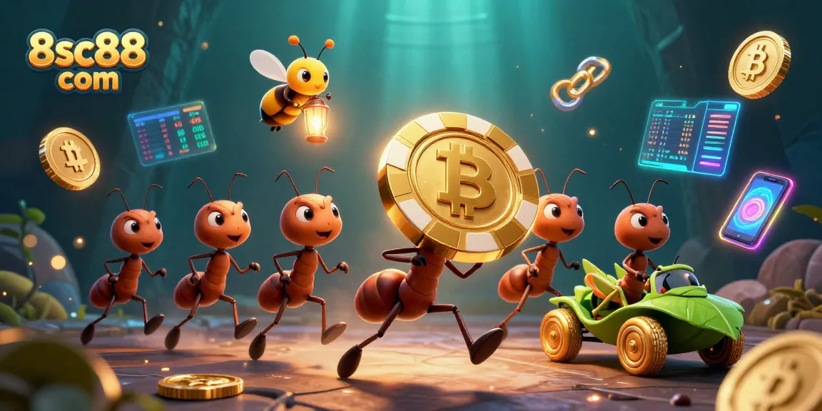 Experience thrilling gameplay at 8sc88 com with animated ants heisting a giant poker chip in an exciting casino scene.