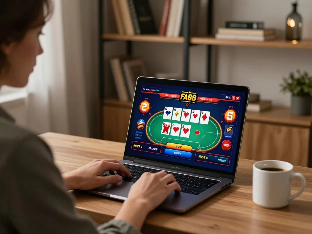 Playing poker online using FA88VN casino app on a laptop in a cozy home office.