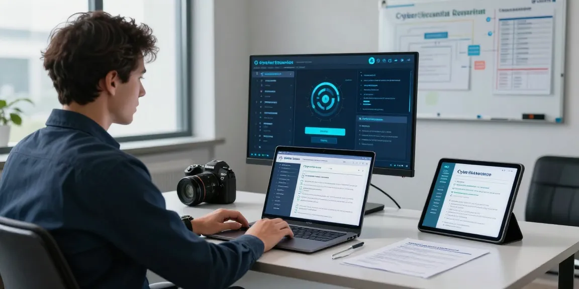Cyber essentials renewal process in a modern office workspace, featuring a consultant working on compliance metrics.