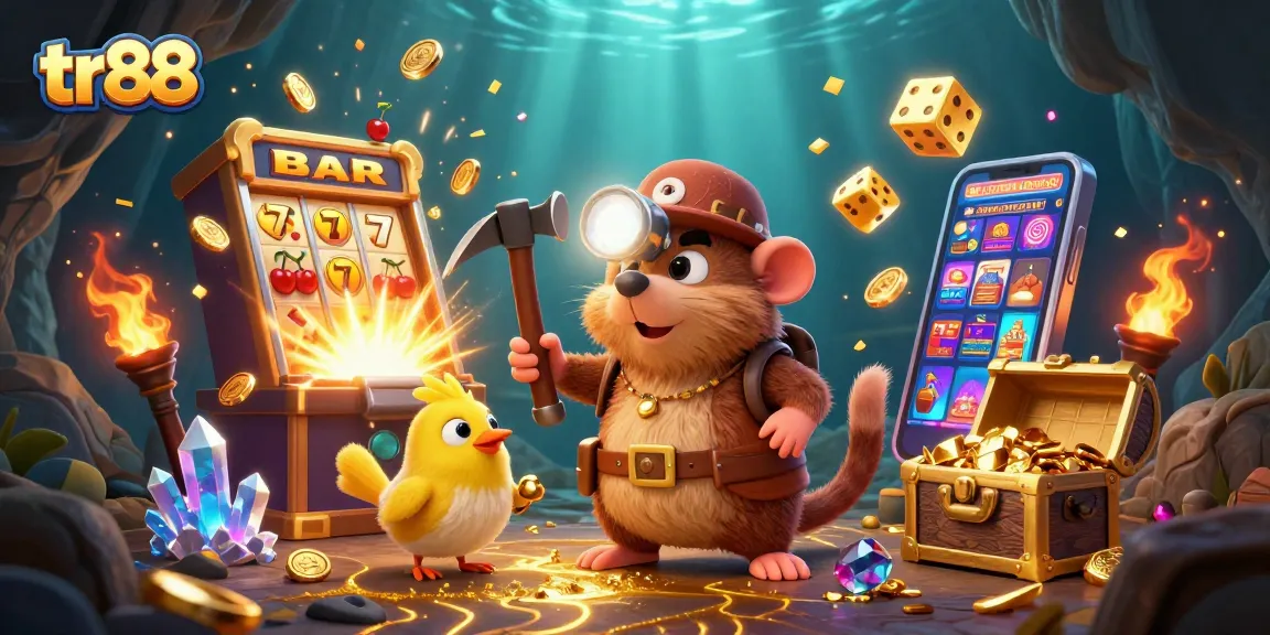 Join the treasure hunter mole and canary in vibrant casino adventures at tr88, amidst slot machines and jackpots.