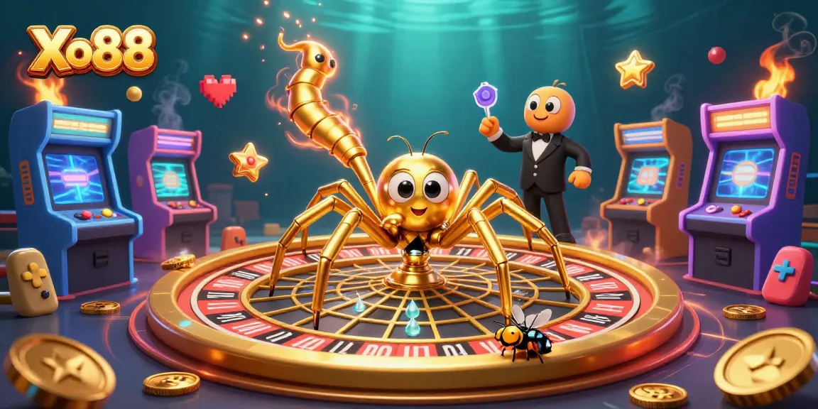 Xo88 casino scene with a golden spider, a betting fly, and a centipede croupier in vibrant 3D.