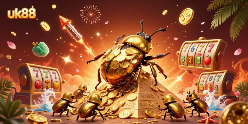 Experience a dynamic uk88 casino adventure with a golden beetle and lively jackpot elements.