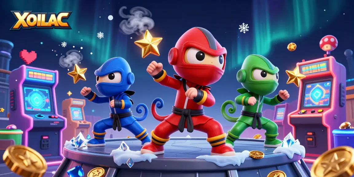 XOILAC chameleons in martial arts poses with gaming elements, showcasing casino excitement.