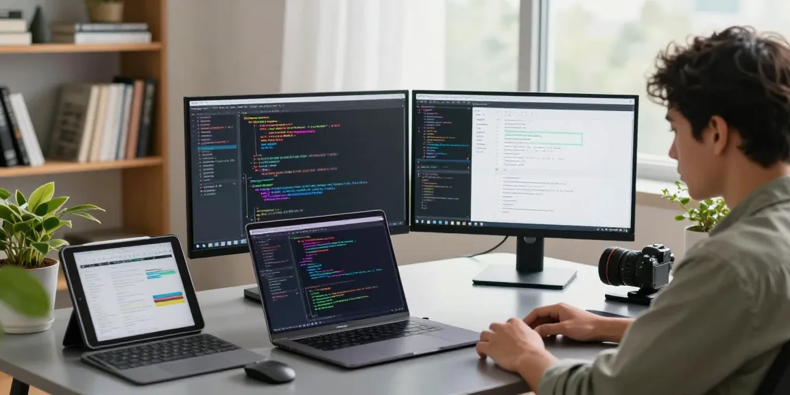 Developer coding on laptop in a modern workspace at teiegramin.com with bright natural light and tech gadgets.