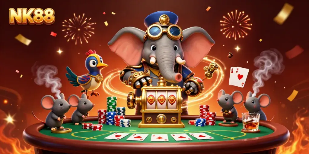 Experience thrilling gameplay with NK88's 3D steampunk casino scene featuring dynamic characters and rich elements.