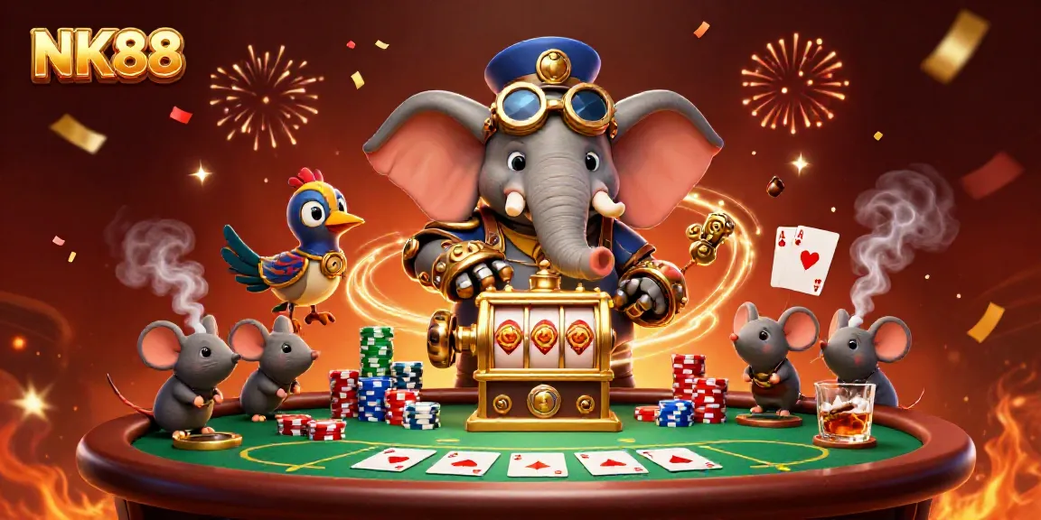 Experience thrilling gameplay with NK88's 3D steampunk casino scene featuring dynamic characters and rich elements.