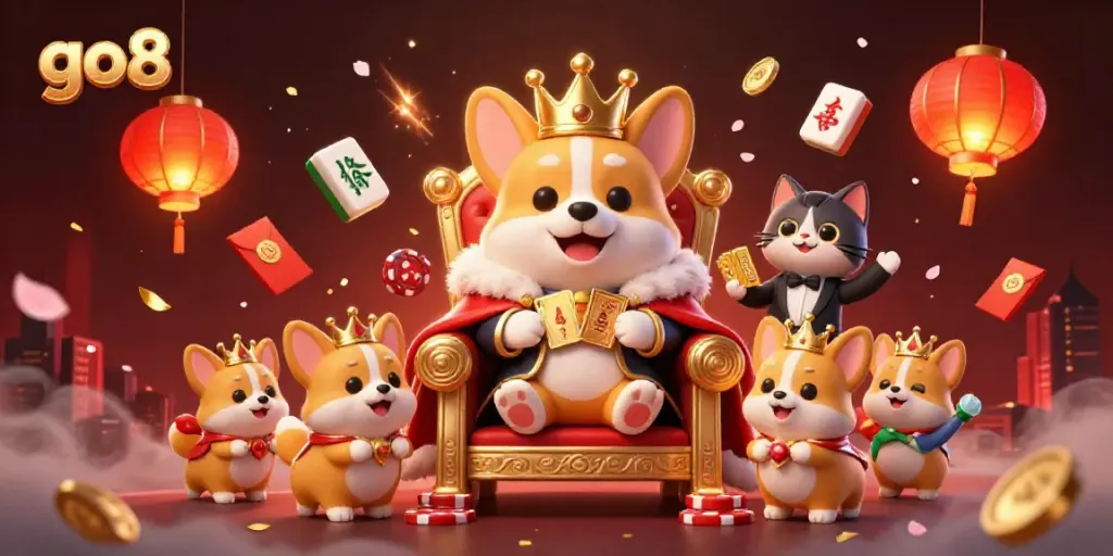 Winning hand at go8 with a royal corgi and a cat butler amidst festive casino elements