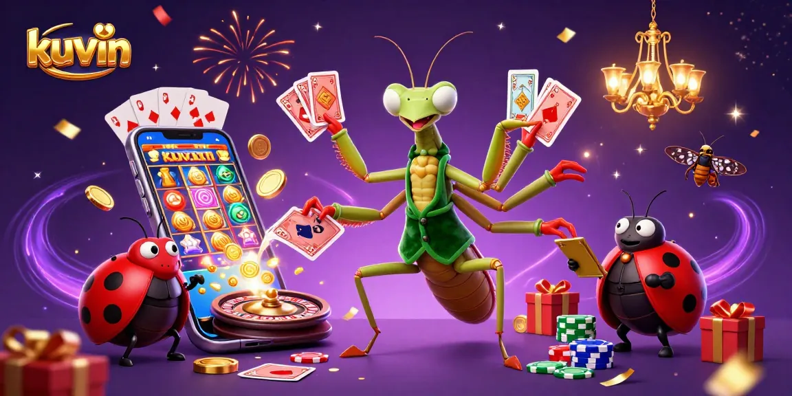 Kuvin casino gaming scene featuring a giant mantis and ladybug characters engaging in cards, champagne, and slot games