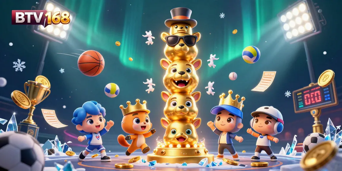 BTV168 celebrates dynamic sports betting with a whimsical totem and energetic game elements.
