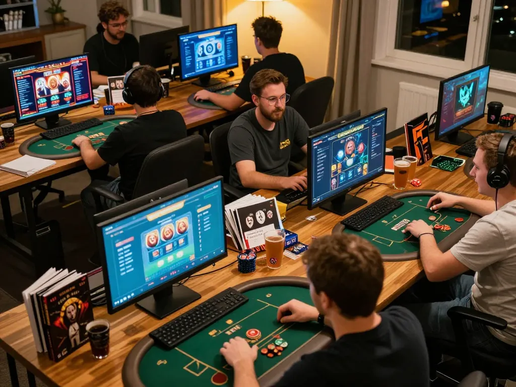 b52club players enjoying competitive online poker and slots in a lively home environment.