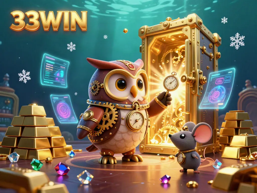 33WIN showcases a vibrant cartoon owl and mouse amidst a lavish casino treasure scene filled with jewels and gold.